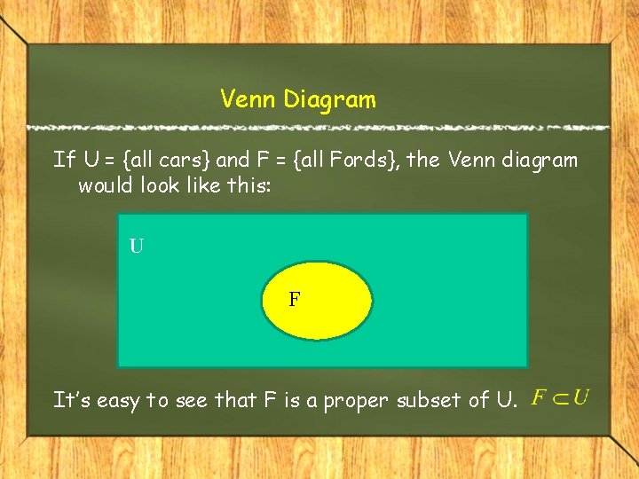 Venn Diagram If U = {all cars} and F = {all Fords}, the Venn