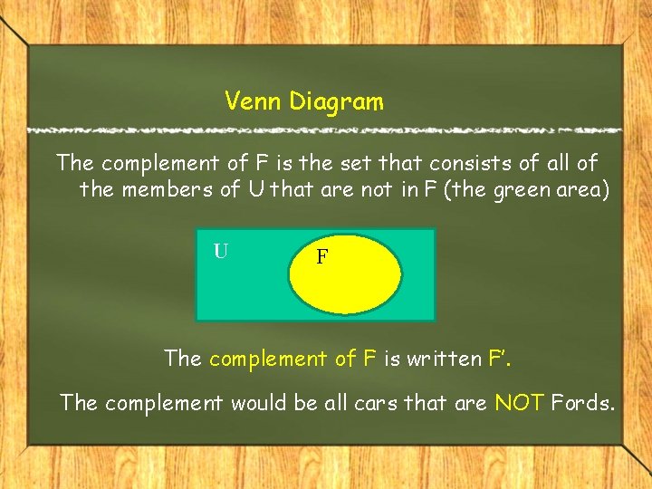 Venn Diagram The complement of F is the set that consists of all of