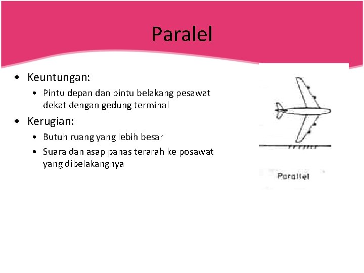 Paralel • Keuntungan: • Pintu depan dan pintu belakang pesawat dekat dengan gedung terminal