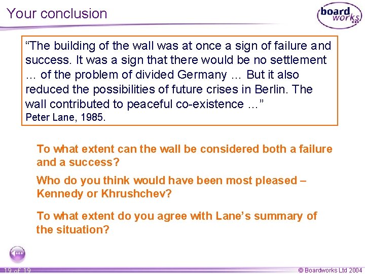 Your conclusion “The building of the wall was at once a sign of failure