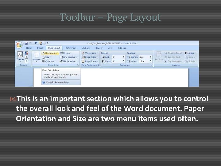 Toolbar – Page Layout This is an important section which allows you to control