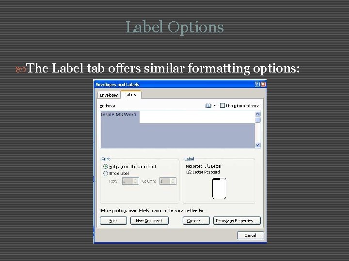 Label Options The Label tab offers similar formatting options: 