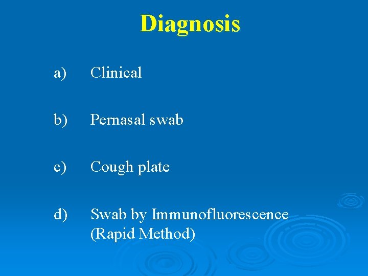 Diagnosis a) Clinical b) Pernasal swab c) Cough plate d) Swab by Immunofluorescence (Rapid