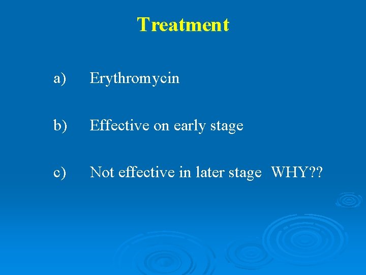 Treatment a) Erythromycin b) Effective on early stage c) Not effective in later stage