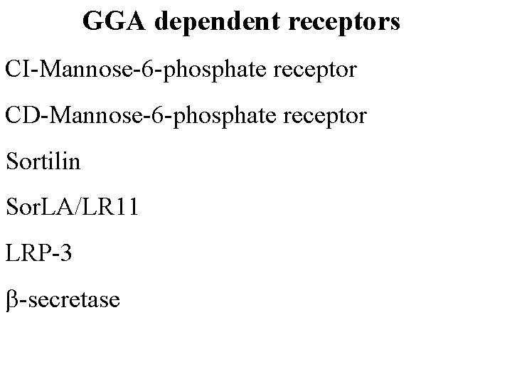 GGA dependent receptors CI-Mannose-6 -phosphate receptor CD-Mannose-6 -phosphate receptor Sortilin Sor. LA/LR 11 LRP-3