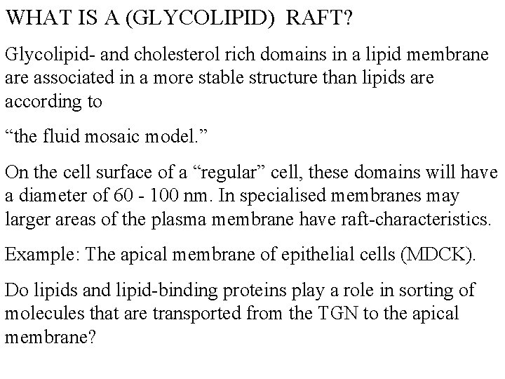 WHAT IS A (GLYCOLIPID) RAFT? Glycolipid- and cholesterol rich domains in a lipid membrane