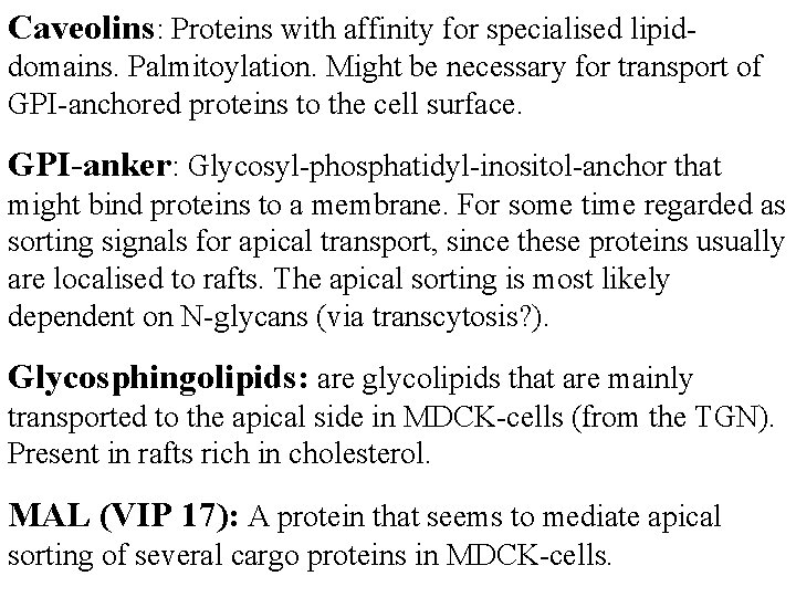 Caveolins: Proteins with affinity for specialised lipiddomains. Palmitoylation. Might be necessary for transport of