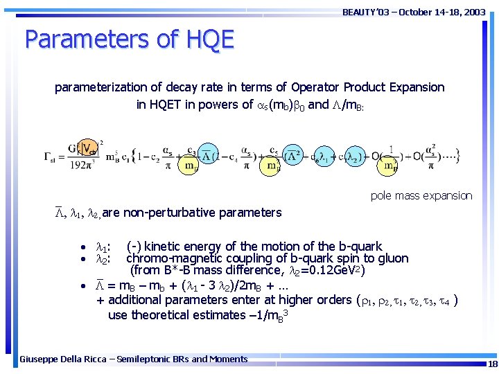 BEAUTY’ 03 – October 14 -18, 2003 Parameters of HQE parameterization of decay rate