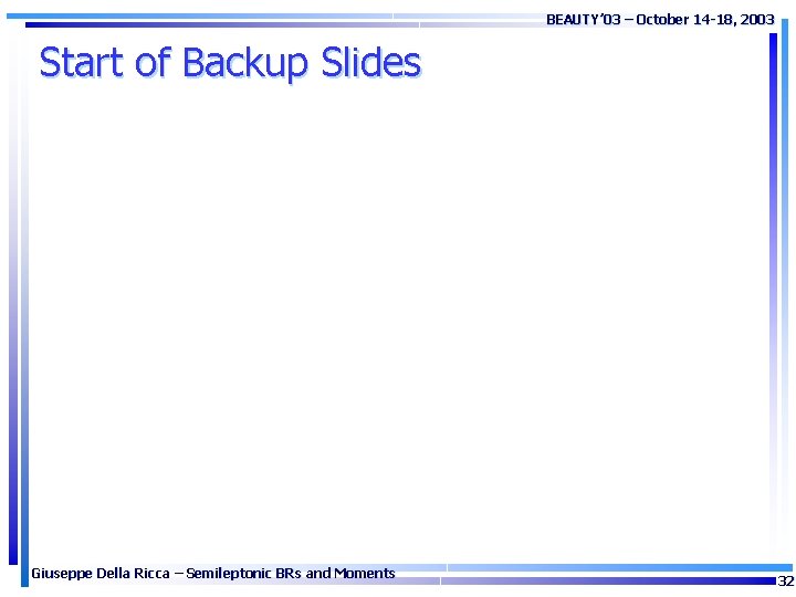 BEAUTY’ 03 – October 14 -18, 2003 Start of Backup Slides Giuseppe Della Ricca