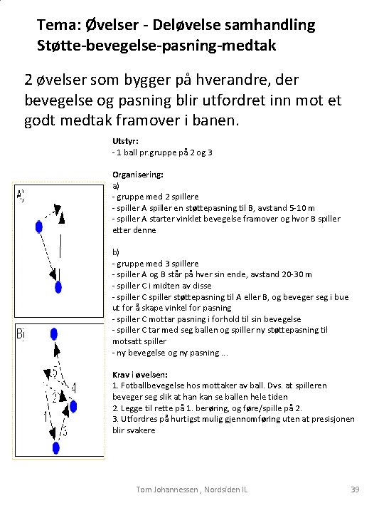 Tema: Øvelser - Deløvelse samhandling Støtte-bevegelse-pasning-medtak 2 øvelser som bygger på hverandre, der bevegelse