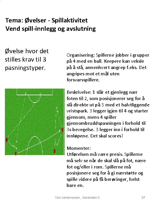 Tema: Øvelser - Spillaktivitet Vend spill-innlegg og avslutning Øvelse hvor det stilles krav til