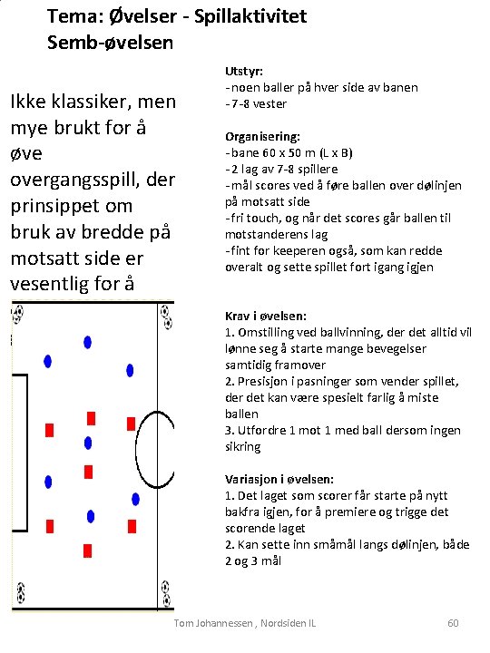 Tema: Øvelser - Spillaktivitet Semb-øvelsen Ikke klassiker, men mye brukt for å øve overgangsspill,
