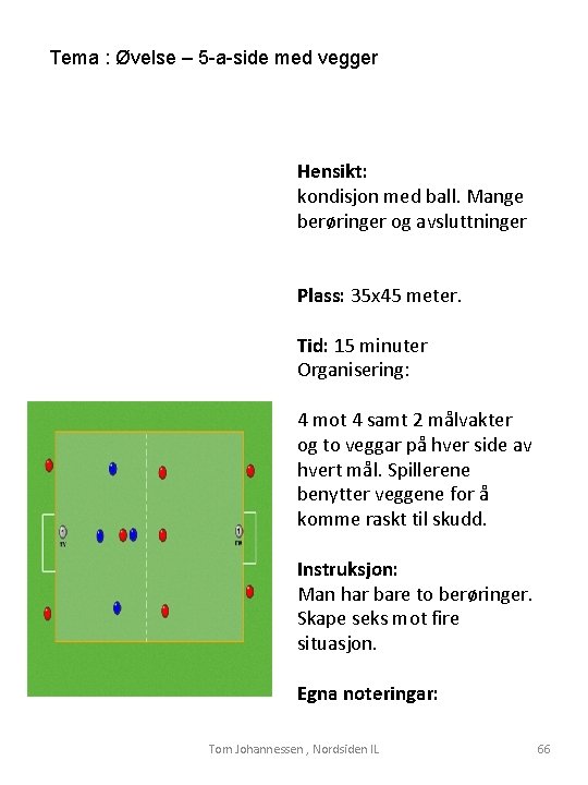 Tema : Øvelse – 5 -a-side med vegger Hensikt: kondisjon med ball. Mange berøringer