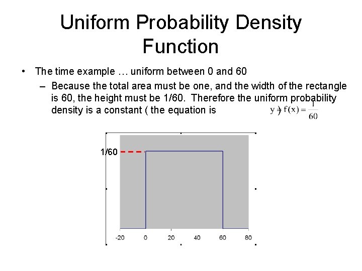 Uniform Probability Density Function • The time example … uniform between 0 and 60