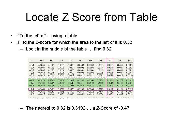 Locate Z Score from Table • • “To the left of” – using a