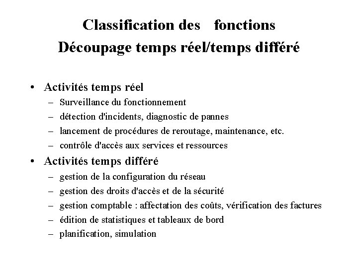 Classification des fonctions Découpage temps réel/temps différé • Activités temps réel – – Surveillance