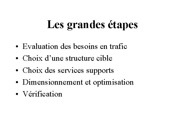 Les grandes étapes • • • Evaluation des besoins en trafic Choix d’une structure