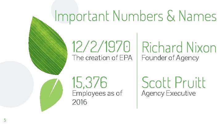 Important Numbers & Names 12/2/1970 Richard Nixon The creation of EPA Founder of Agency