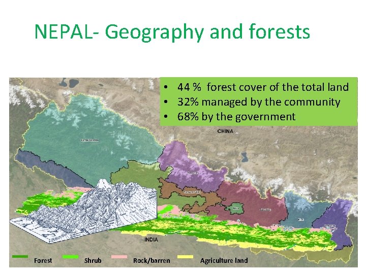 NEPAL- Geography and forests • 44 % forest cover of the total land •