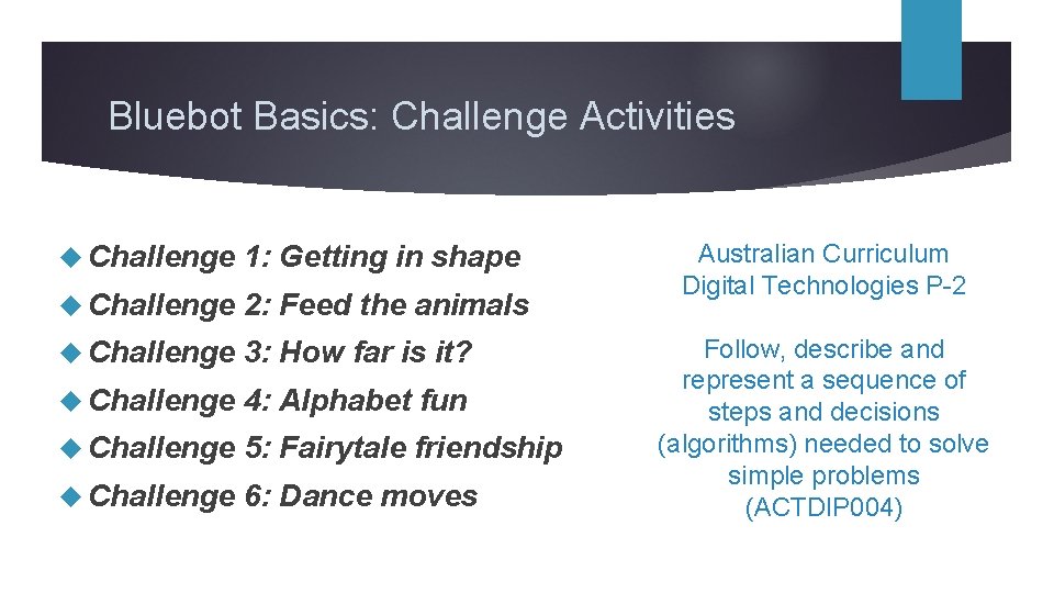 Bluebot Basics: Challenge Activities Challenge 1: Getting in shape Challenge 2: Feed the animals