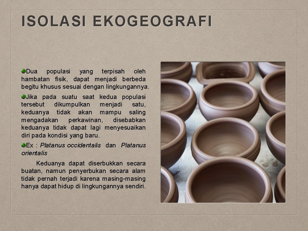 ISOLASI EKOGEOGRAFI Dua populasi yang terpisah oleh hambatan fisik, dapat menjadi berbeda begitu khusus