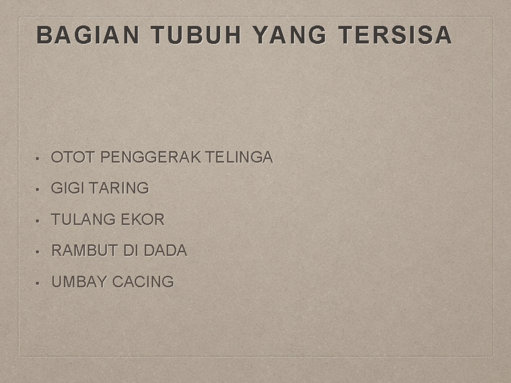 BAGIAN TUBUH YANG TERSISA • OTOT PENGGERAK TELINGA • GIGI TARING • TULANG EKOR