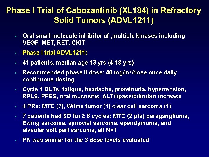 Phase I Trial of Cabozantinib (XL 184) in Refractory Solid Tumors (ADVL 1211) •