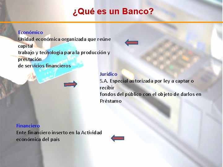 ¿Qué es un Banco? Económico Unidad económica organizada que reúne capital trabajo y tecnología