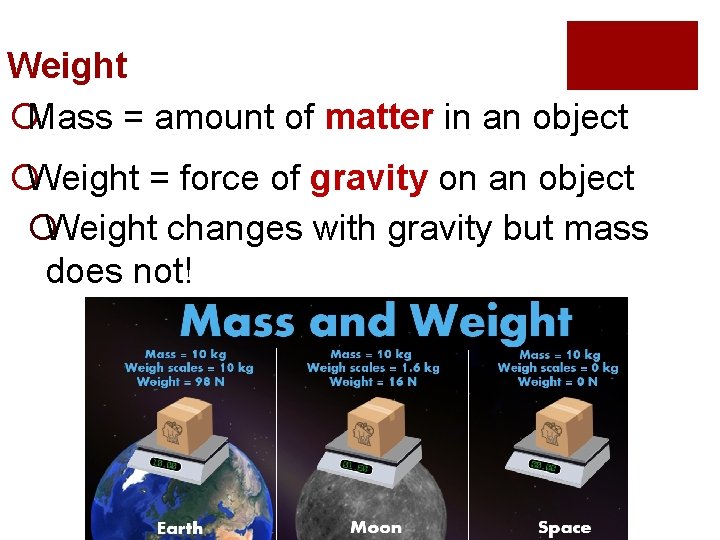 Weight ¡Mass = amount of matter in an object ¡Weight = force of gravity