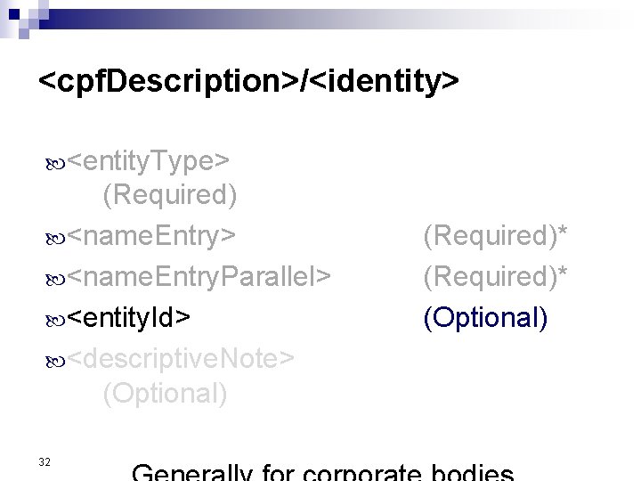 <cpf. Description>/<identity> <entity. Type> (Required) <name. Entry> <name. Entry. Parallel> <entity. Id> <descriptive. Note>