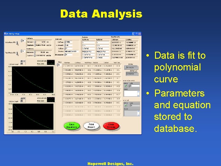 Data Analysis • Data is fit to polynomial curve • Parameters and equation stored