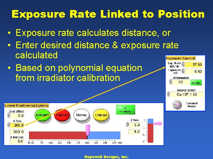 Exposure Rate Linked to Position • Exposure rate calculates distance, or • Enter desired