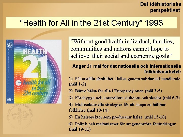 Det idéhistoriska perspektivet ”Health for All in the 21 st Century” 1998 ”Without good