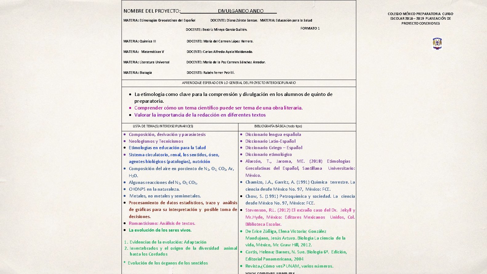 NOMBRE DEL PROYECTO: DIVULGANDO MATERIA: Etimologías Grecolatinas del Español DOCENTE: Diana Zárate Santos. MATERIA: