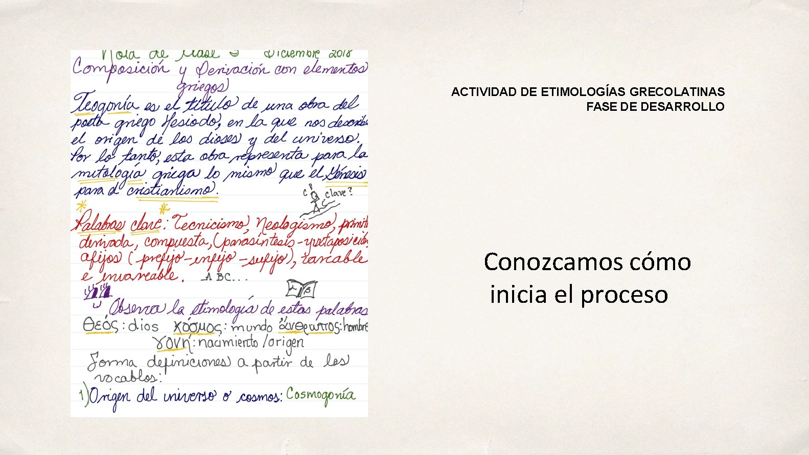 ACTIVIDAD DE ETIMOLOGÍAS GRECOLATINAS FASE DE DESARROLLO Conozcamos cómo inicia el proceso 