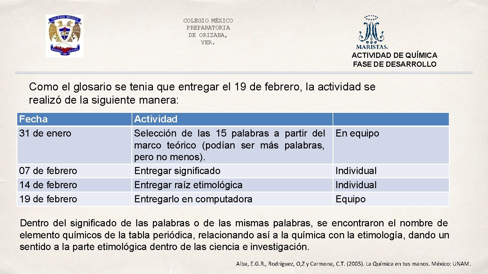 COLEGIO MÉXICO PREPARATORIA DE ORIZABA, VER. ACTIVIDAD DE QUÍMICA FASE DE DESARROLLO Como el