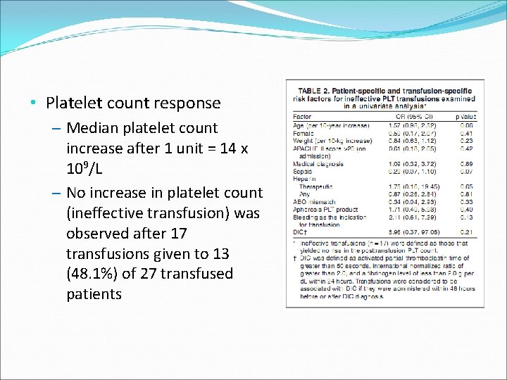  • Platelet count response – Median platelet count increase after 1 unit =
