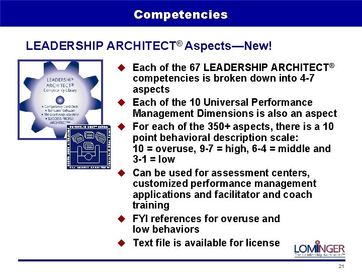 Competencies LEADERSHIP ARCHITECT® Aspects—New! u Each of the 67 LEADERSHIP ARCHITECT® u u u