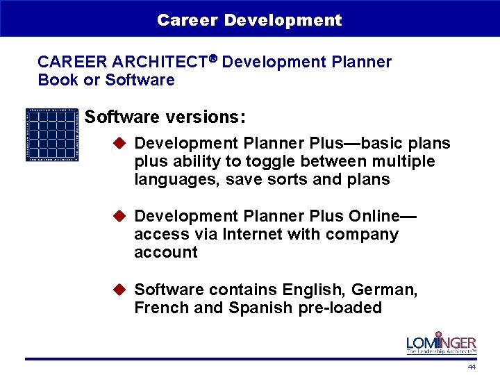 Career Development CAREER ARCHITECT Development Planner Book or Software versions: u Development Planner Plus—basic