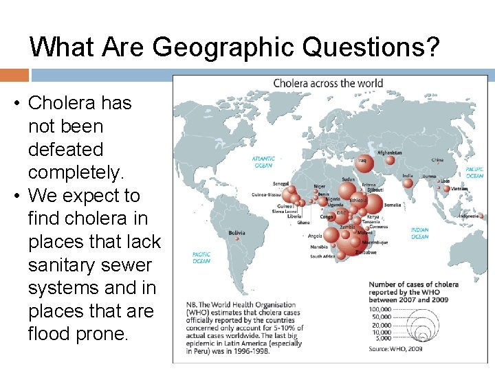 What Are Geographic Questions? • Cholera has not been defeated completely. • We expect