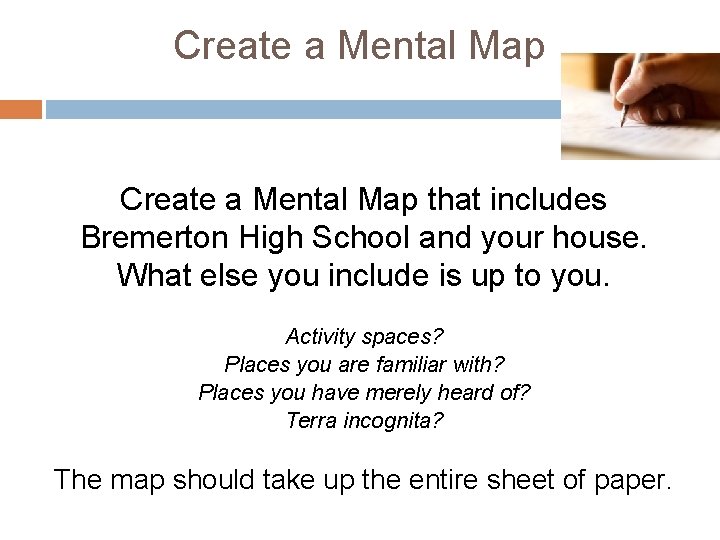 Create a Mental Map that includes Bremerton High School and your house. What else