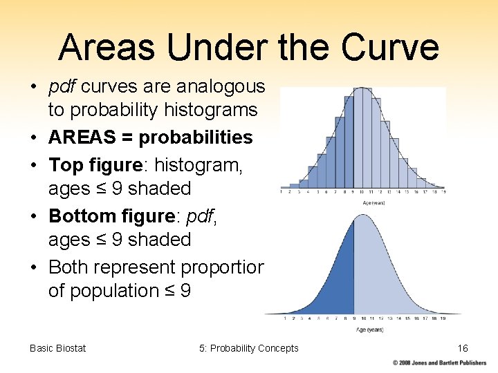 Areas Under the Curve • pdf curves are analogous to probability histograms • AREAS