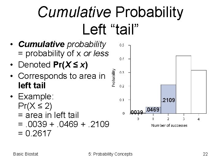 Cumulative Probability Left “tail” • Cumulative probability = probability of x or less •