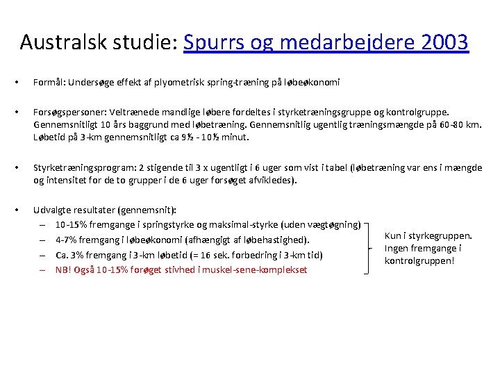 Australsk studie: Spurrs og medarbejdere 2003 • Formål: Undersøge effekt af plyometrisk spring-træning på Australsk studie: Spurrs og medarbejdere 2003 • Formål: Undersøge effekt af plyometrisk spring-træning på