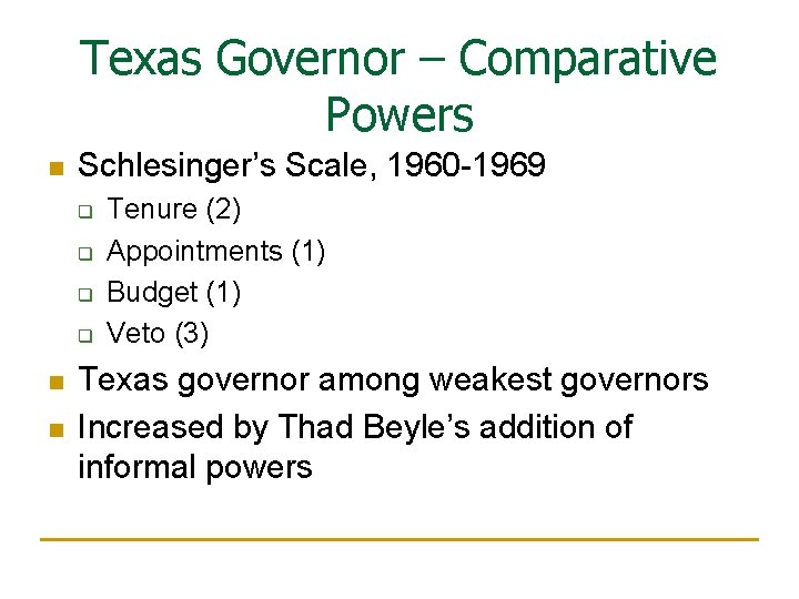 Texas Governor – Comparative Powers n Schlesinger’s Scale, 1960 -1969 q q n n