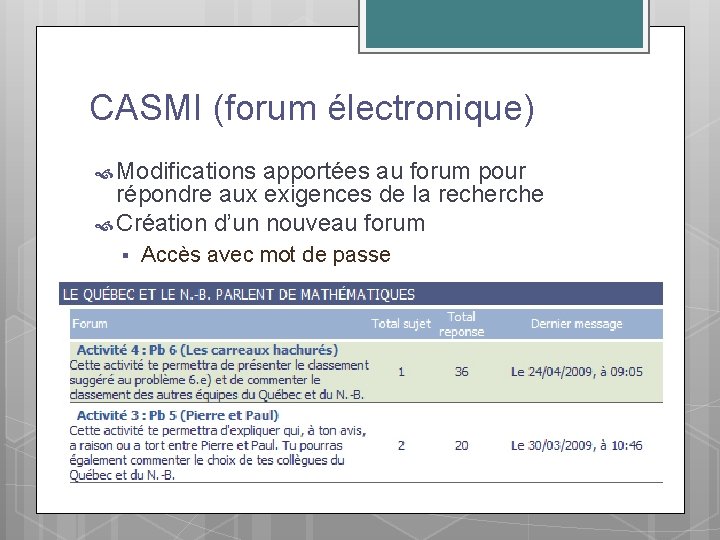 CASMI (forum électronique) Modifications apportées au forum pour répondre aux exigences de la recherche