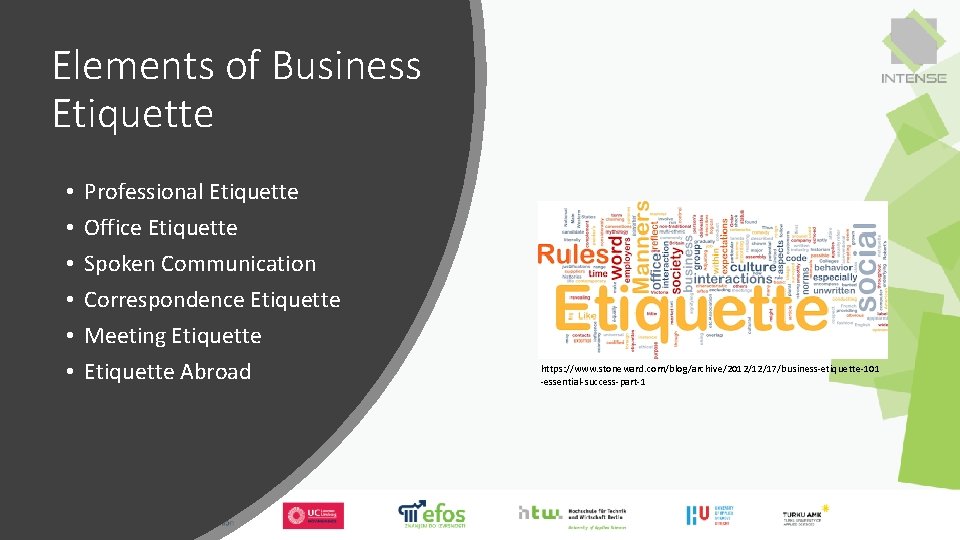Elements of Business Etiquette • • • Professional Etiquette Office Etiquette Spoken Communication Correspondence