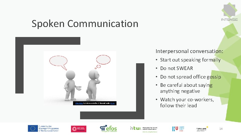 Spoken Communication Interpersonal conversation: • Start out speaking formally • Do not SWEAR •