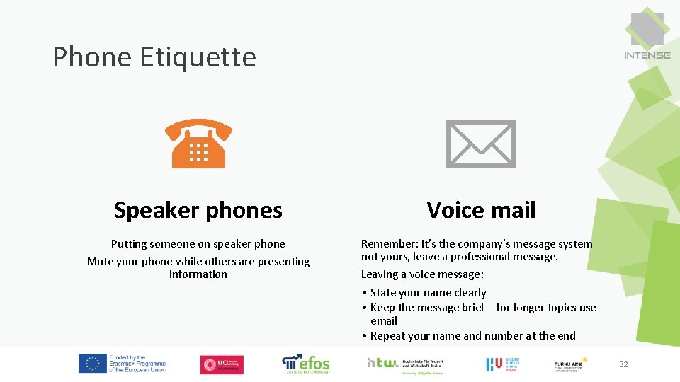 Phone Etiquette Speaker phones Voice mail Putting someone on speaker phone Mute your phone