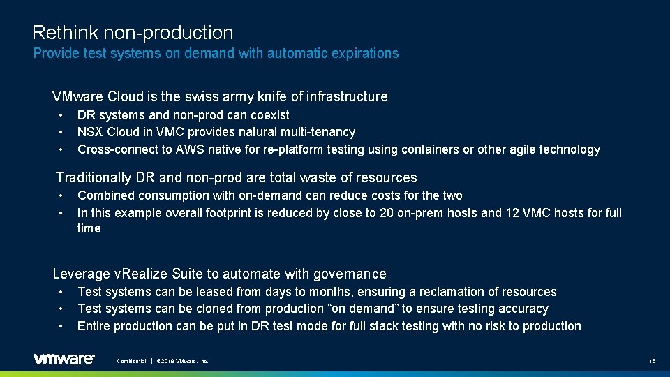 Rethink non-production Provide test systems on demand with automatic expirations VMware Cloud is the